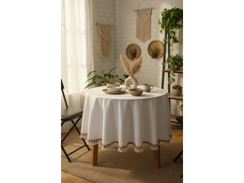 Beyaz Keten Şerit Ponponlu Yuvarlak Masa Örtüsü