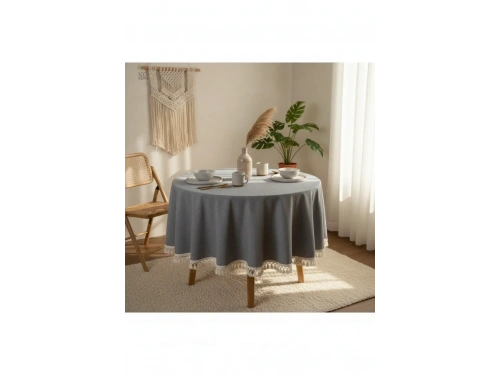 Gri Antrasit Keten Yuvarlak Masa Örtüsü (ham Ponponlu)