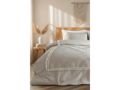 Bej Pamuk Keten Ikili Baklava Desen Ponponlu Tek Kişilik Nevresim Takımı(YEDEK YASTIKLI)