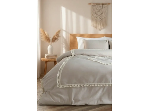 Bej Pamuk Keten Ikili Baklava Desen Ponponlu Çift Kişilik Nevresim Takımı