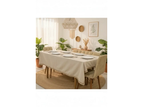 Bej Pamuk Keten Jüt Dantelli Masa Örtüsü