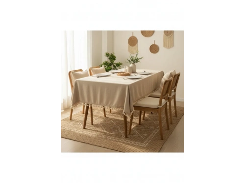 Bej Pamuk Keten Kahverengi Şerit Ponponlu Masa Örtüsü
