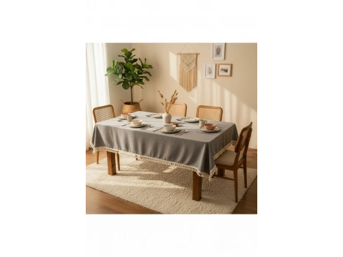 Gri Antrasit Pamuk Keten Ham Ponponlu Masa Örtüsü
