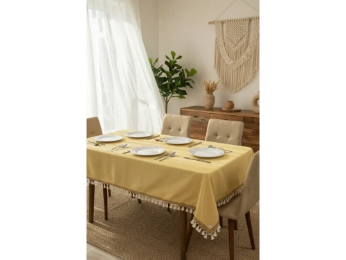 Sarı Pamuk Keten Kahverengi Şerit Ponponlu Masa Örtüsü