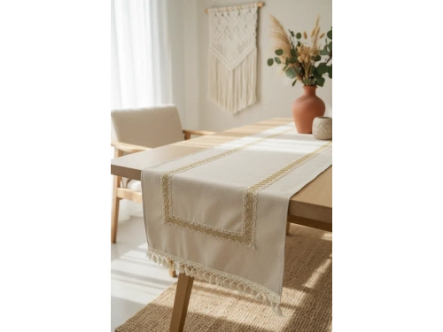 Keten Bej Renk Jüt Dantel Ponponlu Runner 50 X 150