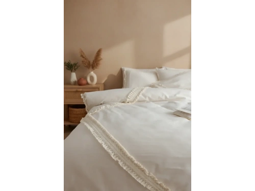 Ham Keten Baklava Desen Çift Ponponlu Tek Kişilik Nevresim Takımı