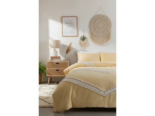 Sarı Renkli Pamuk Çift Ponponlu Çift Kişilik Nevresim Takımı