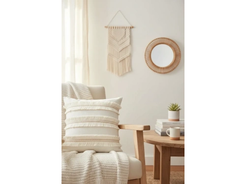 Özel Tasarım Jütlü Püsküllü Tekli Keten Krem Kırlent Kılıfı( 45 X 45)