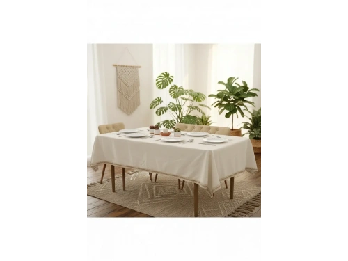 Organik Ham Keten Krem Jüt Dantelli Masa Örtüsü