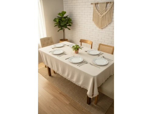 Ham Keten Organik Krem Kahverengi Şeritli Ponponlu Masa Örtüsü
