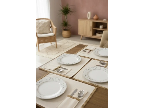 Keten 6lı Yeşil Dokuma Şeritli Amerikan Servis Seti Kaşıklık Hediyeli 35 X 55