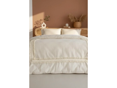 Ham Keten Krem Ponponlu Çift Kişilik Nevresim Takımı