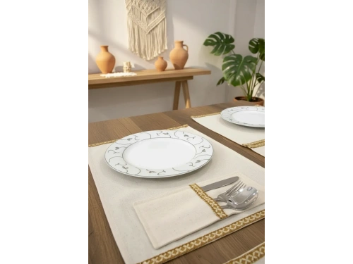 Keten Sarı Dokuma Şeritli 6lı Amerikan Servis Seti Kaşıklık Hediyeli 35x55