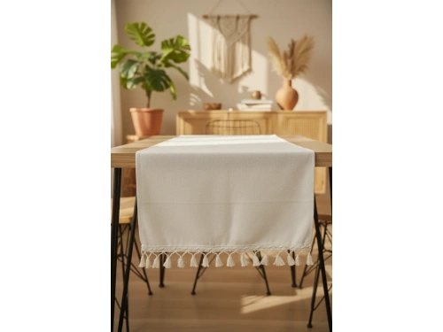 Özel Tasarım Organik Ham Keten Krem Ponponlu Runner Masa Örtüsü 45 X 150