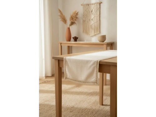 Özel Tasarım Organik Keten Krem Kum Rengi Dantelli Runner Masa Örtüsü 45 X 150