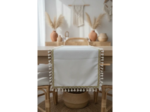 Özel Tasarım Ham Keten Krem Ponponlu Ve Şeritli Runner Masa Örtüsü