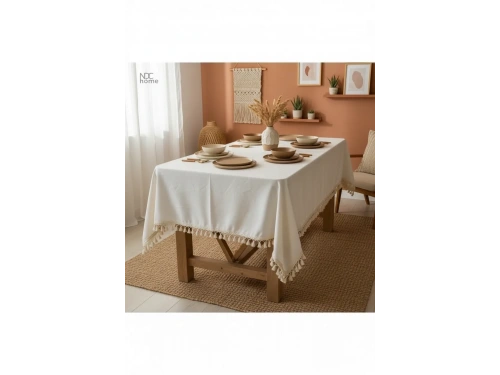 Organik Ham Keten Krem Ponponlu Masa Örtüsü