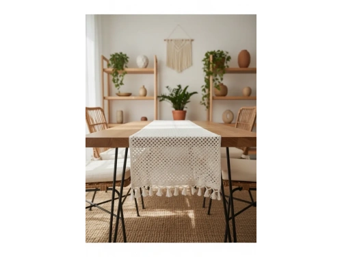 Özel Tasarım Pamuk Örme Dantel Ponponlu Runner Masa Örtüsü 35 X 140