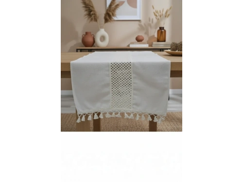 Özel Tasarım Ham Keten Krem Ara Dantelli Ve Ponponlu Runner 45 X 150
