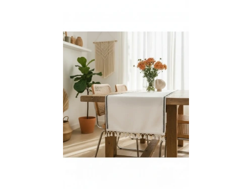 Ham Keten Siyah Şeritli Ponponlu 50 X 150 Cm. Krem Runner.