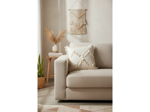 Özel Tasarım Çapraz Ponponlu Tekli Keten Krem Kırlent Kılıfı(45X55)