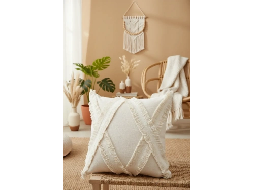 Özel Tasarımkare Çapraz Kokoş Tekli Keten Krem Kırlent Kılıfı 43x43