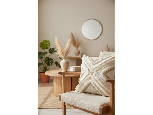 Özel Tasarım Çoklu Püsküllü Motifli Tekli Keten Krem Kırlent Kılıfı (43X43)