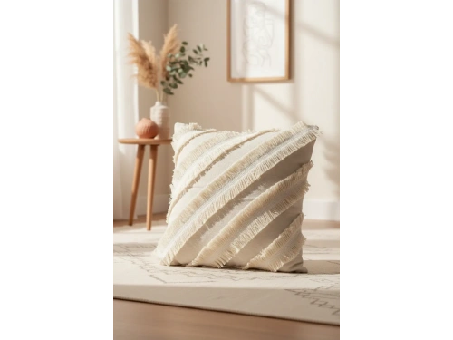 Özel Tasarım Çapraz Çift Püsküllü Tekli Keten Krem Kırlent Kılıfı