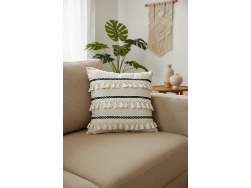 Özel Tasarım Siyah Şeritli Tekli Keten Krem Kırlent Kılıfı