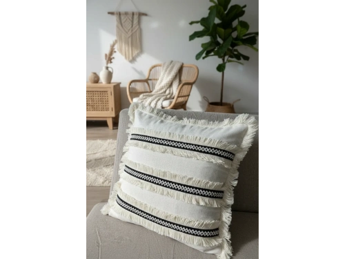 Özel Tasarım Siyah Püsküllü Tekli Keten Krem Kırlent Kırlent Kılıfı 43*43