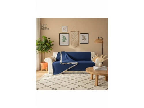 Premium Keten Lacivert Ponponlu Koltuk Örtüsü (170 x 220)