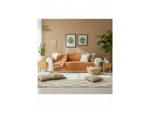 Premium Keten Tarçın [ TARÇIN] Ponponlu Koltuk Örtüsü (170 x 220