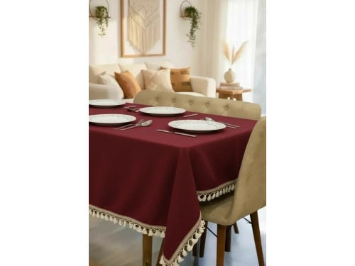 Bordo Pamuk Keten Şerit Ponponlu Masa Örtüsü