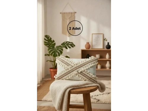 Ham Keten Krem Çapraz Kahve Dantelli Ponponlu 2 Adet Kırlent Kırlent Kılılfı (35 x 55)