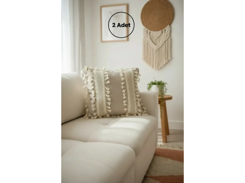 Bej Keten Kalın Dantel Ponponlu Kırlent 2 Adet Kırlent Kılıfı(43 X 43)