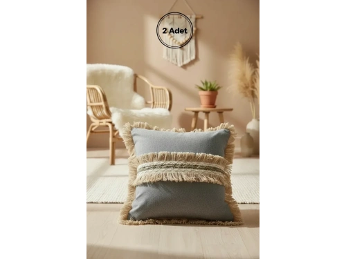 Gri Antrasit Jütlü Püskllü Kırlent 2 Adet Kırlent Kılıfı (43 x 43 )