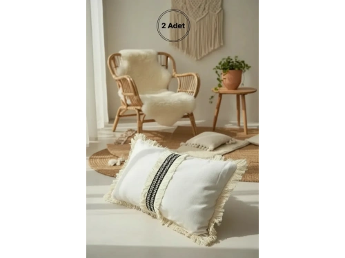Keten Krem Siyah Şeritli Püsküllü Kırlent 2 Adet Kırlent Kılıfı(35 X 55 )