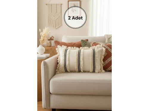 Keten Krem Üç Püsküllü Kırlent 2 Adet Kırlent Kılıfı (35 x 55)