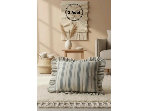 Premium Keten Gri Kalın Çizgili Fırfırlı Kırlent 2 Adet Kırlent Kılıfı (43 x 43 )