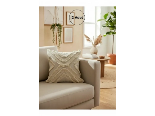 Ham Keten Çoklu Püsküllü Kare Kırlent 2 Adet Kırlent Kılıfı 43x43