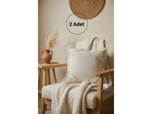 Ham Keten Baklava Mozaik Püsküllü Kırlent 2 Adet Kırlent Kılıfı 35x55