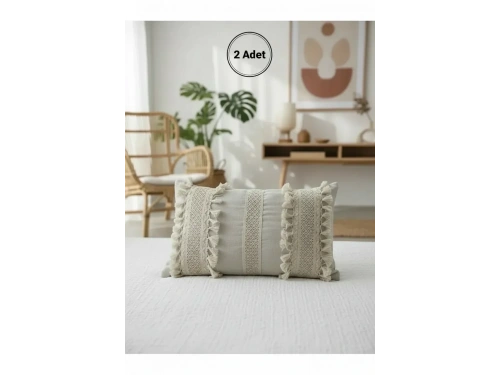 Ham Keten Üç Dantelli Ponponlu Kırlent 2 Adet Kırlent Kılıfı