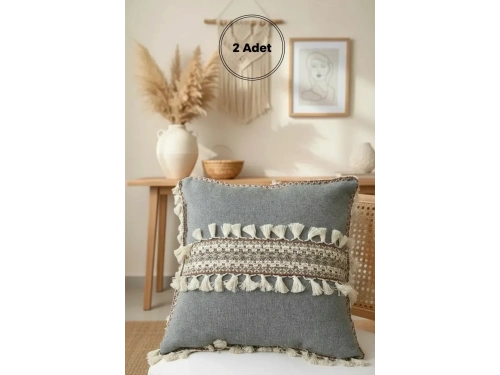 Antrasit Şeritli Ponponlu Kırlent 2 Adet Kırlent Kılıfı(43x43)