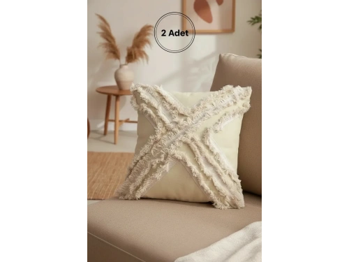 Sarı Renk Keten Çoklu Püsküllü Kırlent 2 Adet Kırlent Kılıfı