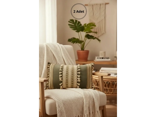 Gri Keten Üçlü Kahverengi Dantelli Kırlent 2 Adet Kırlent Kılıfı