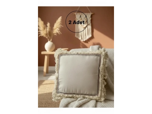 Dört Kenar Püsküllü Keten Krem Kırlent 2 Adet Kırlent Kılıfı43x43][