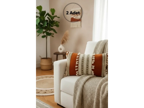 Kiremit Rengi Üçlü Kahve Dantelli Kırlent 2 Adet Kırlent Kılıfı