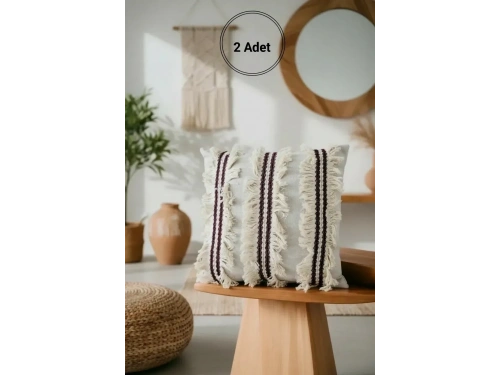3 Püsküllü Ara Desenli Keten Krem Kırlent 2 Adet Kırlent Kılıfı