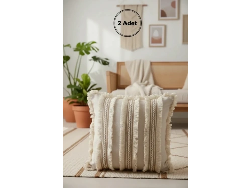 Üç Dantelli Püsküllü Ham Keten Krem 2 Adet Kırlent Kılıfı