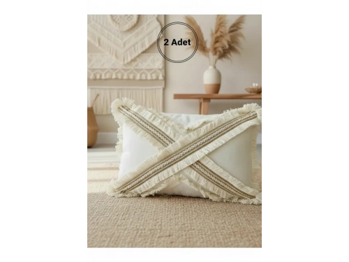 Çapraz Çoklu Püsküllü Keten Krem Kırlent 2 Adet Kırlent Kılıfı (35 x 55)